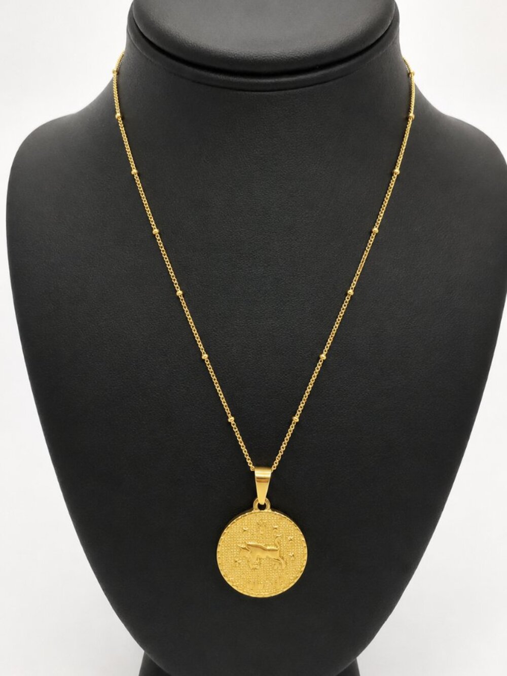 TAURUS NECKLACE Gold Tone Zodiac Coin Pendant Medallion Retro Vintage Style